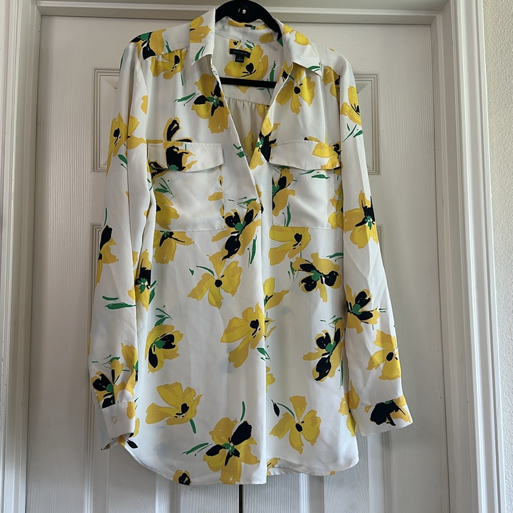 ANN TAYLOR Petite Floral Camp Shirt - Yellow Spring Size Large Tall - Picture 2 of 11